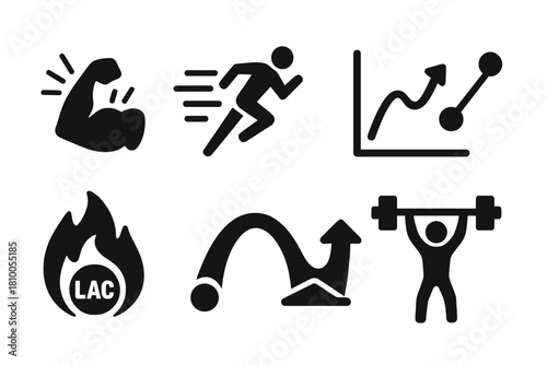 Exercise Stress Icons. Solid style icons of exercise as stressor: muscle under tension icon, sprint wave glyph, adaptive curve
