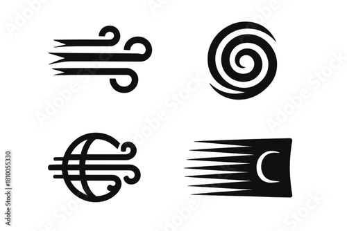 Hyperwind System Icons. Solid style icons of hyperwind systems: extreme vector lines, vortex spirals, atmospheric flow diagrams.