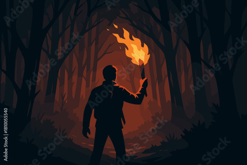 Torch in Dark Forest. Dramatic shot of a person holding a flaming torch in a vector illustration dark forest, illuminated by bold