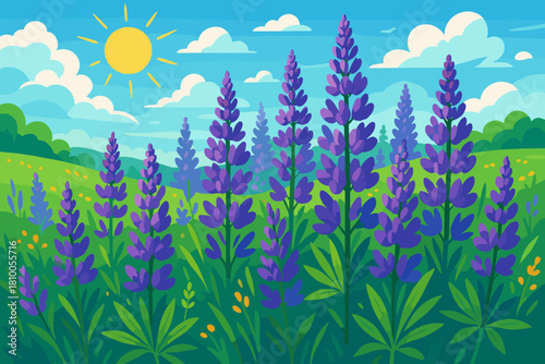 Purple Lupine Meadow. Vibrant meadow filled with purple lupines under a bright blue sky, fresh and vector illustration lively
