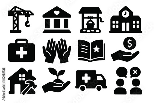 Peacebuilding Icons Collection. Solid style icons of Peacebuilding Efforts: reconstruction crane, community center, water well,
