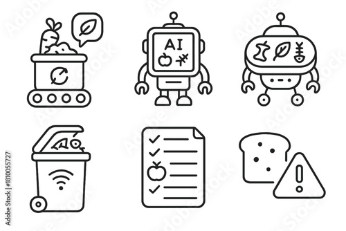 Robotic Waste Management Icons. Line style icons of robotic food waste management: composting bot, AI waste scanner, sorting tray