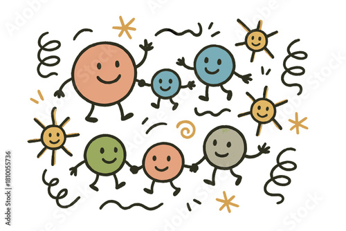 Happy Particle Playtime. Playful doodle standard model scene with happy quarks, electrons, and neutrinos holding hands, simplified