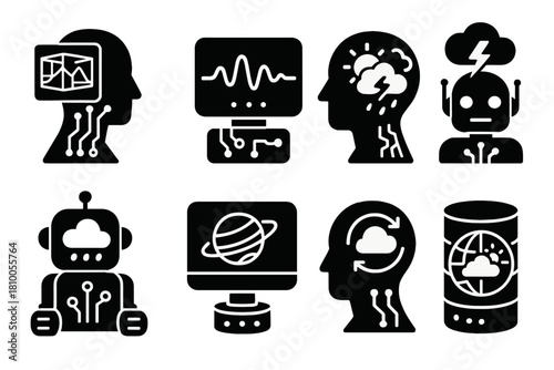 Climate AI Icons. Solid style icons of climate modeling AIs: holographic interface heads, data wave processors, forecasting brains
