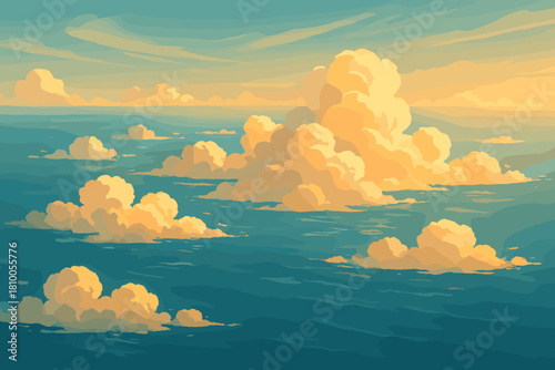 Golden Clouds Over Sea. Aerial shot of a sea vector illustration of clouds glowing under soft golden sunlight, tranquil and