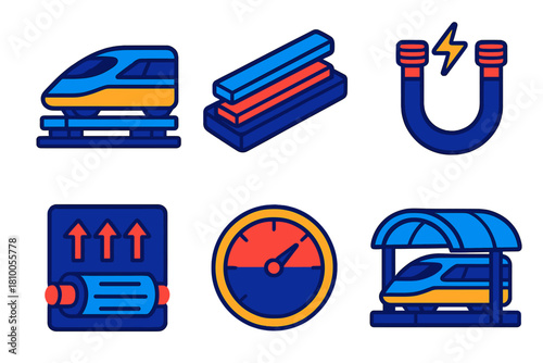 Maglev Train Icons. Isometric vector illustration set Maglev Train Applications: maglev train, levitating track, propulsion coils,