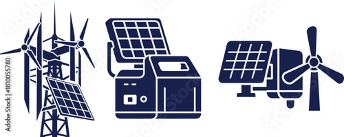 Renewable energy icons featuring wind turbines and solar panels in navy blue silhouette clean energy
