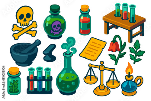 Vintage Toxicology Icons. Isometric vector illustration set Vintage Toxicology: crossbones sign, poison elixir bottle, antidote