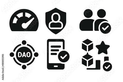 Decentralized Reputation Icons. Solid style icons of decentralized reputation systems: trust score meter, on-chain profile badge,