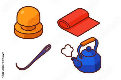 Millinery Tools Icons. Isometric vector illustration set Millinery Tools: Wooden blocking form, soft felt sheet, curved hat needle