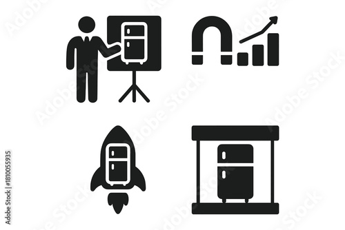 Startup Icons Showcase. Solid style icons of startup and commercialization: business pitch with fridge icon, investment chart for
