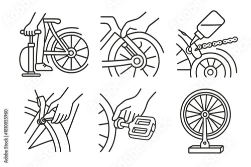 Bicycle Maintenance Icons. Line style icons of bicycle maintenance: inflating tires, tightening bolts, oiling the chain, adjusting
