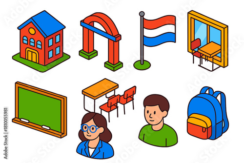 Isometric Language School Icons. Isometric vector illustration set Language learning – language school building, entrance arch,