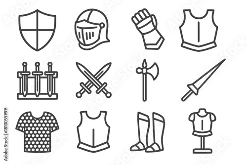 Medieval Armory Icons. Line style icons of medieval armory: shield, helm, gauntlet, cuirass; sword rack, dagger rack, halberd,
