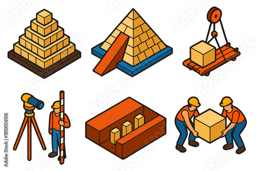 Geotechnical Pyramid Construction. Isometric vector illustration set Geotechnical engineering of pyramids: limestone blocks,