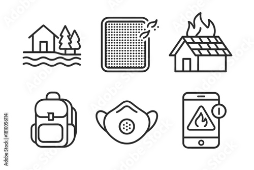 Wildfire Readiness Icons. Line style icons of wildfire readiness: defensible space diagram, ember protection screen,