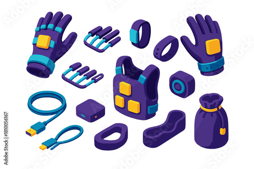 VR Gaming Accessories. Isometric vector illustration set VR gaming setup – customizable glove controllers, finger straps,