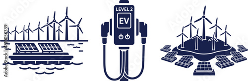 Renewable Energy Icons Offshore Wind Farm EV Charger Keywords: renewable energy, wind farm, offshore, solar panel, electric