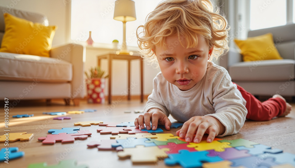 Fototapeta premium Child experiencing clarity while solving a colorful puzzle in living room, Epiphany