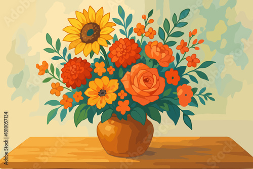 Rustic Flower Bouquet. Vibrant bouquet of flowers in a rustic vase on a wooden table, soft vector illustration natural lighting,