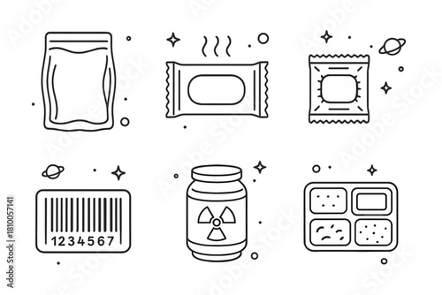 Space Food Packaging Icons. Line style icons of food packaging in space: multi-layer pouch, thermal-sealed pack, foil-wrapped meal