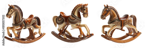 Set of Minimalist wooden rocking horse with classic silhouette, sharp focus, studio setup on transparent png background. Ai generated