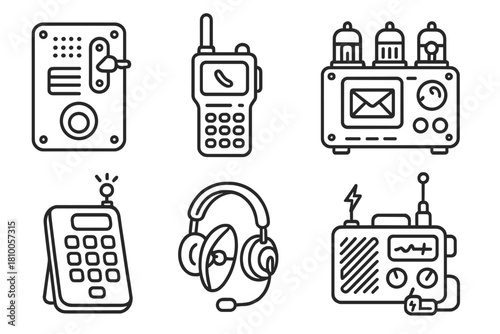Tech Mod Icons. Line style icons of communication tech mods: modded intercom panel, neon walkie-talkie, tube-based email console,