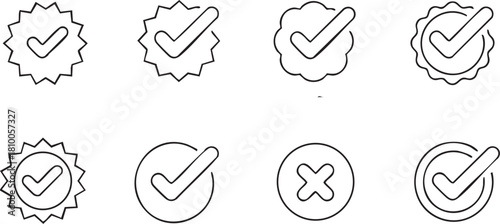 Collection of eight different checkmark icons in black outline