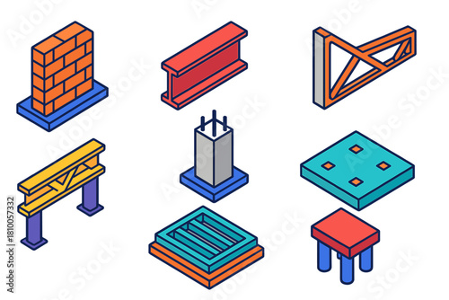 Bold Structural Framework. Isometric vector illustration set Structural framework – load-bearing wall, steel beam, concrete column