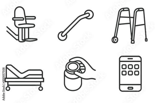 Elderly Independence Icons. Line style icons of elderly independence tools: stairlift device, grab rail handle, walker with wheels