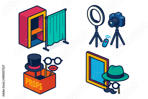Photo Booth Setup. Isometric vector illustration set Film and photography – photo booth setup, backdrop stand, curtain drape; ring