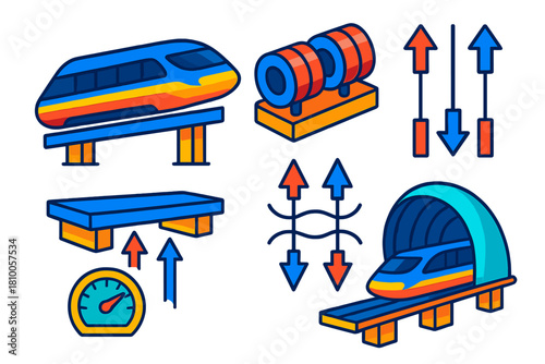 Maglev Train Icons. Isometric vector illustration set Maglev Train Applications: maglev train, levitating track, propulsion coils,