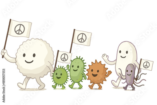 Immune System Parade. Immune system parade with friendly white blood cells marching beside microbes waving flags of peace No text,