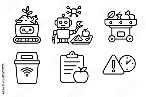 Robotic Waste Management Icons. Line style icons of robotic food waste management: composting bot, AI waste scanner, sorting tray