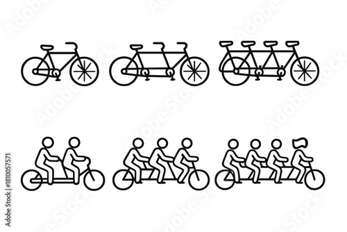 Tandem Bike Icons. Line style icons of tandem and group bikes: two-seater tandem, triple tandem bike, quad tandem, side-by-side