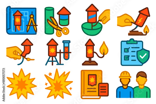 Pyrotechnics Workflow Icons. Flat vector icons of pyrotechnics workflow: design blueprint, material preparation, shell assembly,