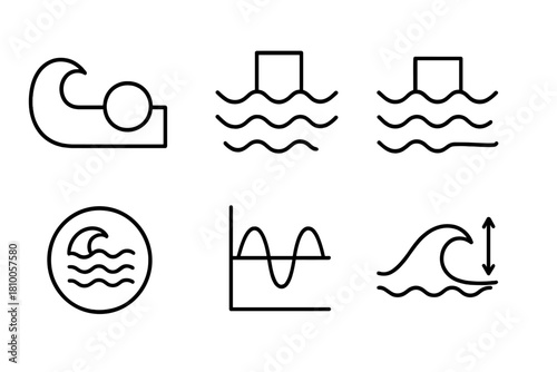 Tides and Waves Icons. Line style icons of waves and tides: tidal bulge chart, high tide icon, low tide icon, spring tide badge,