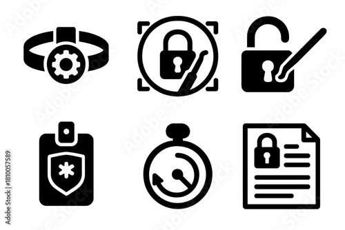 Competitive Lockpicking Icons. Line style icons of Competitive Lockpicking: headlamp gear, lockpick camera view, lock access angle