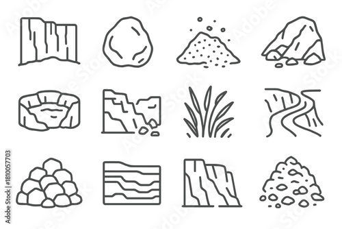 Quarry Landscape Icons. Line style icons of quarry landscape: cliff face, boulder, loose gravel, rocky slope; pit lake, collapsed