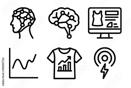 Brainwear Iconic Elements. Line style icons of Brain-Computer Fashion: EEG head mesh, brain-fabric node map, adaptive fashion