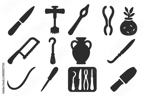 Ancient Surgical Tools Icons. Solid style icons of ancient surgical tools: bronze scalpel, trepanation drill, cautery iron,