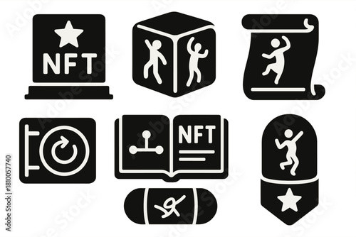 Legacy NFT Icons. Solid style icons of legacy and archive NFTs: hall of fame token slab, performer archive cube, history motion
