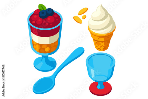 Dessert Isometric Icons. Isometric vector illustration set Ice cream and desserts – parfait glass, granola layer, yogurt layer;
