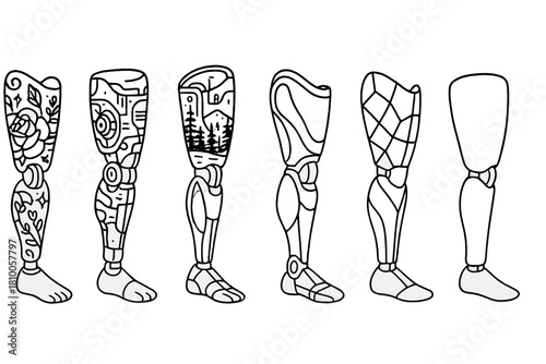 Artistic Prosthetic Icons. Line style icons of artistic prosthetic limb designs: tattoo-style cover, cyberpunk-inspired leg,