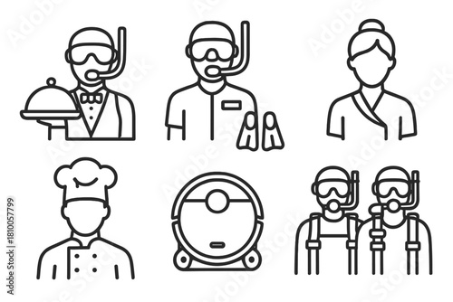 Underwater Service Icons. Line style icons of staff and services: underwater butler icon, marine guide with fins, spa therapist in