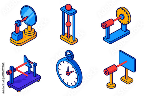 Light Experiment Icons. Isometric vector illustration set Speed of Light Experiments: rotating mirror device, light clock, Fizeau
