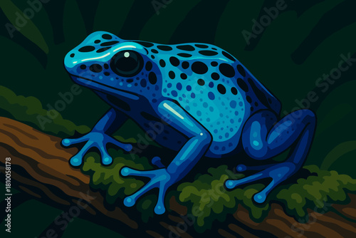 Blue Frog Display. Close-up of vector illustration a vibrant blue poison dart frog resting on a mossy branch, illuminated by soft