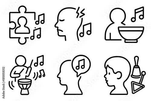Music Therapy Icons. Line style icons of music therapy with special populations: autism spectrum icon with music, PTSD music