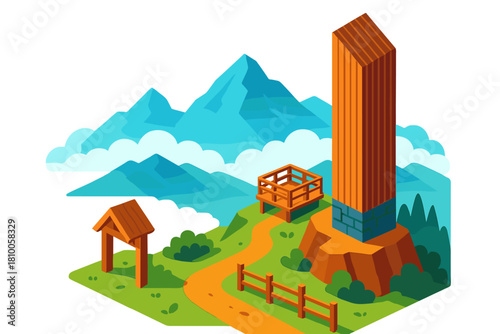 Skyscraper Mountain View. Isometric vector illustration set Skyscraper silhouettes – mountain backdrop skyline, misty peaks, low