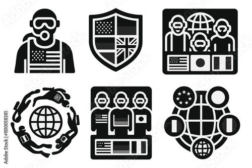 International Dive Icons. Solid style icons of international dive teams: national flag suit icon, country group badge, world meet